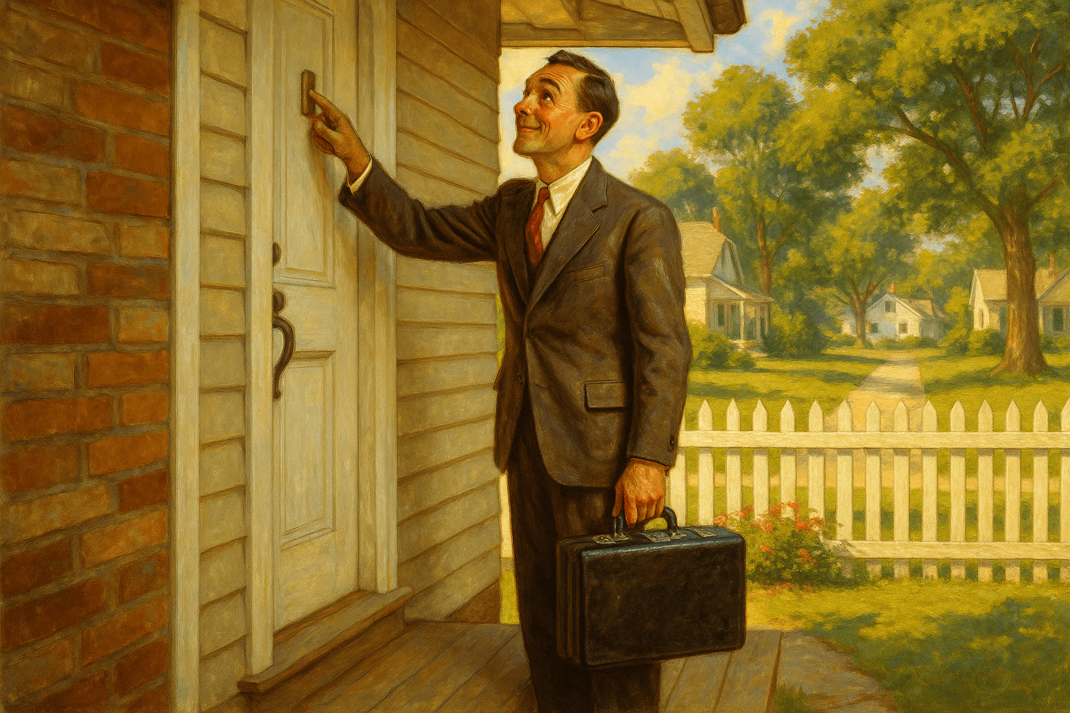 A door-to-door salesman at a front door, briefcase at his side, bright suburban afternoon, white picket fence, painterly Americana style