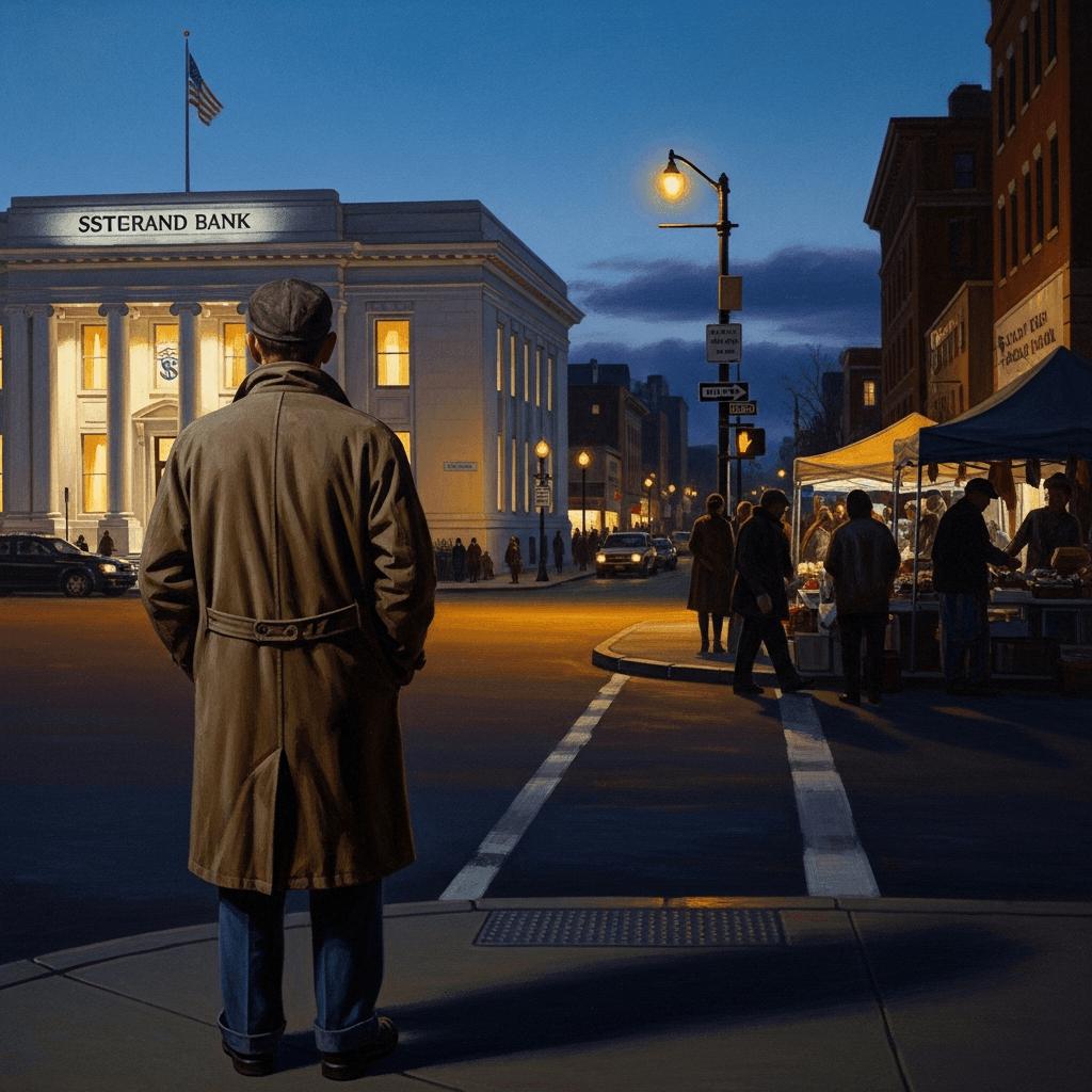 A man at a street corner at dusk watching both a formal bank building and an informal market, two economies in one frame, painterly Americana style