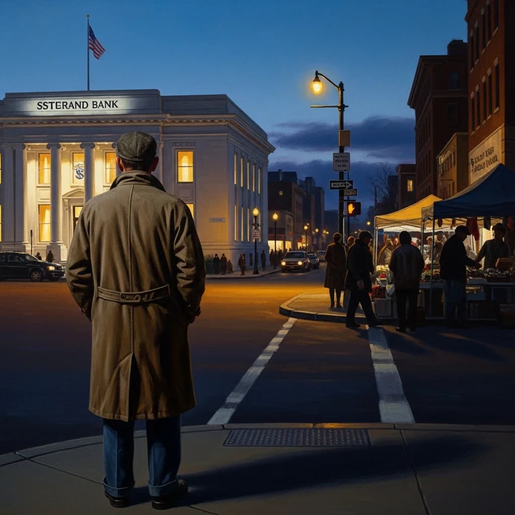 A man at a street corner at dusk watching both a formal bank building and an informal market, two economies in one frame, painterly Americana style