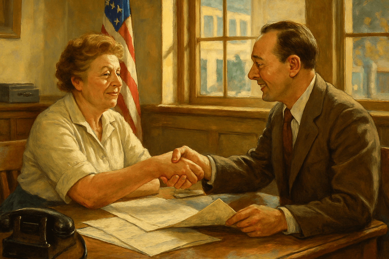 A confident small business owner reviewing papers at a sunlit desk, American main street visible through the window behind her, painterly Americana style