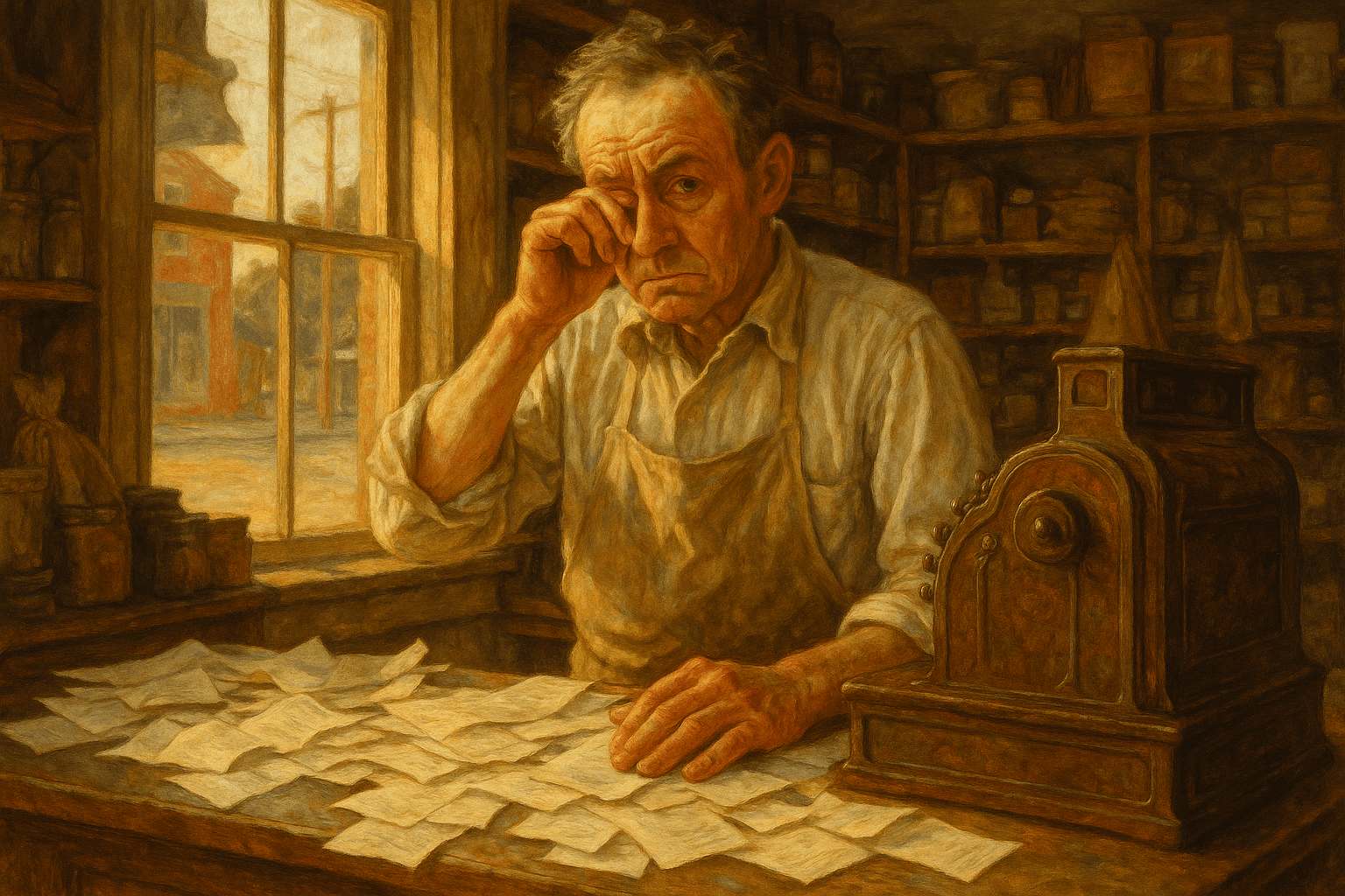 A small shop owner reviewing a stack of invoices at the cash register, worried but determined, warm afternoon light, painterly Americana style
