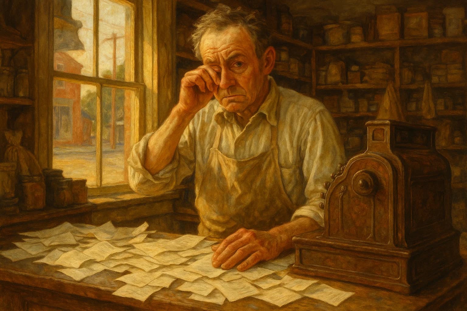A small shop owner reviewing a stack of invoices at the cash register, worried but determined, warm afternoon light, painterly Americana style