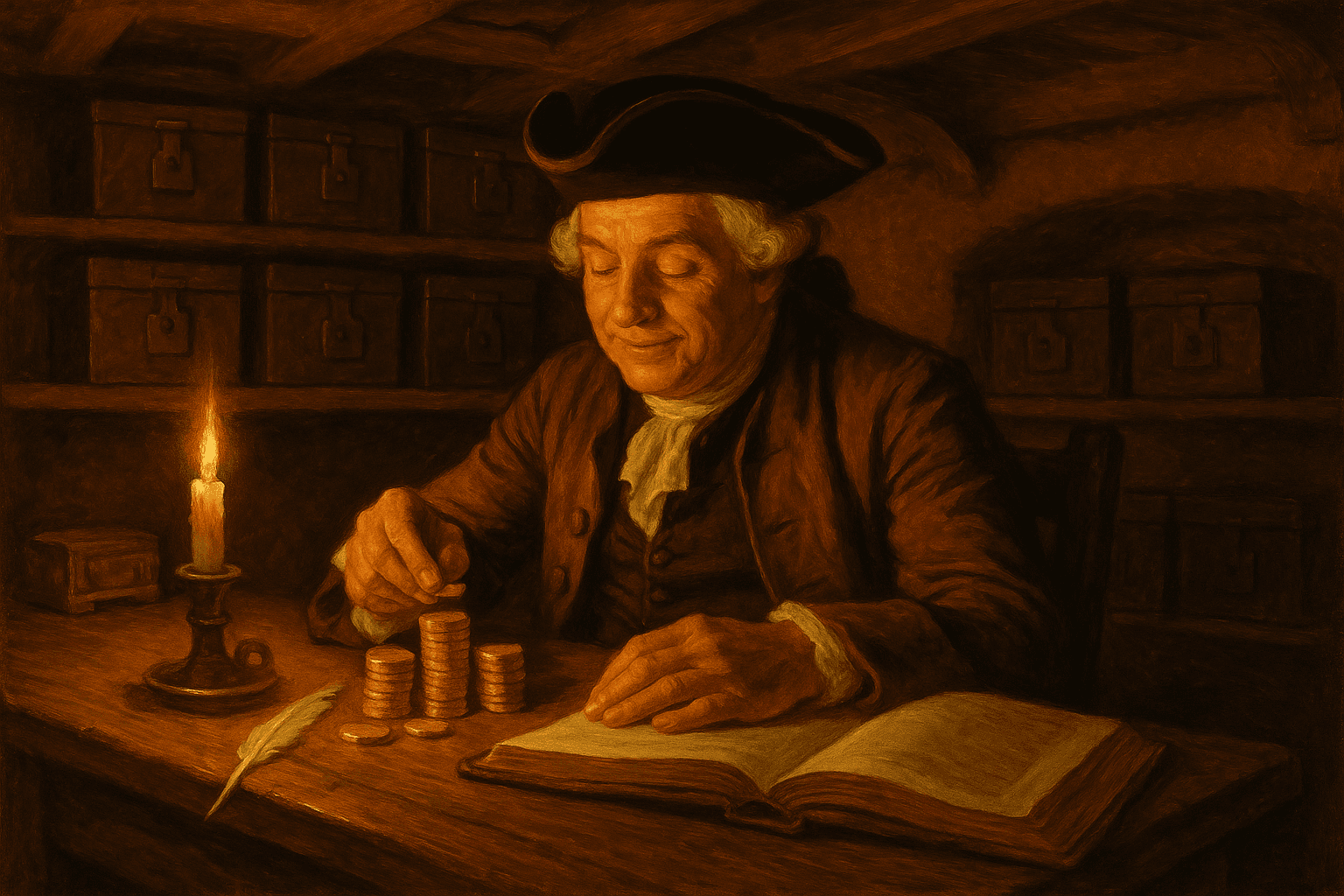 A goldsmith counting coins by candlelight in a colonial-era counting house, painterly Americana style
