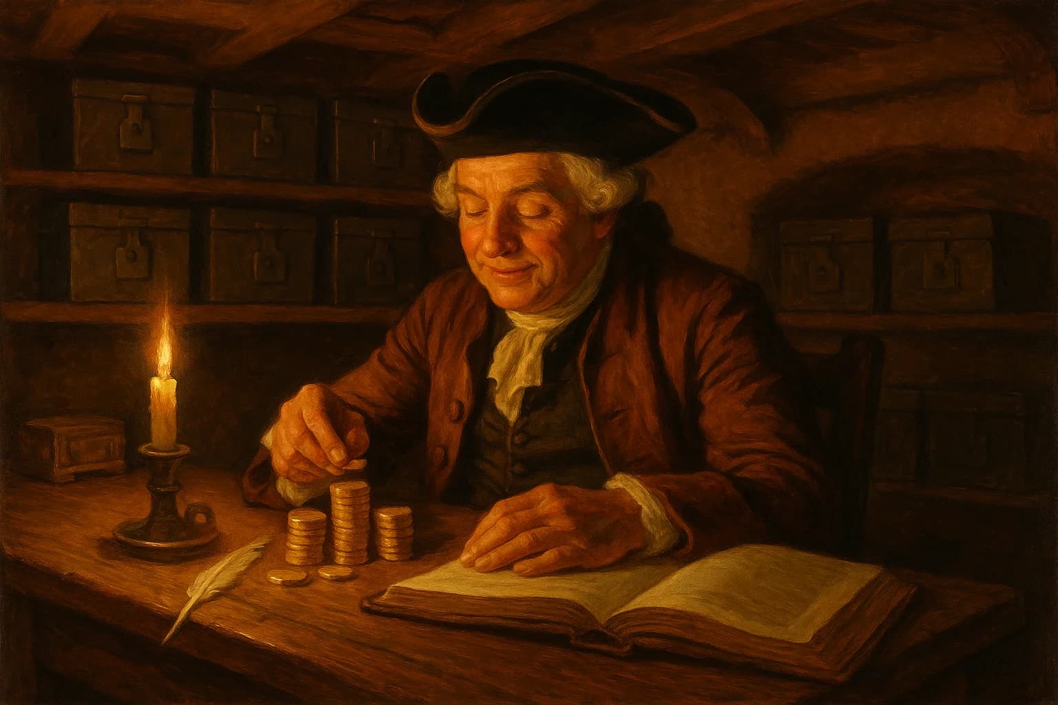 A goldsmith counting coins by candlelight in a colonial-era counting house, painterly Americana style