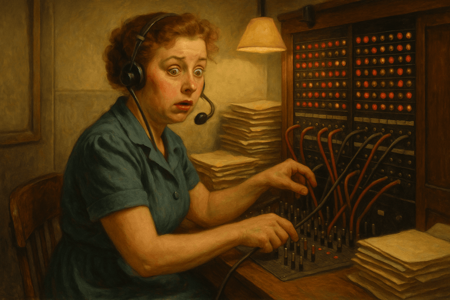 A telephone operator at an old-fashioned switchboard, cords everywhere, overwhelmed expression, warm office light, painterly Americana style