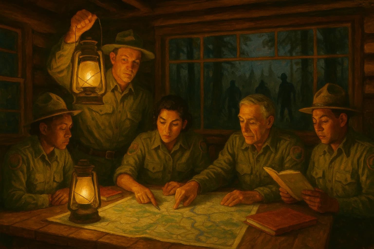 FundScout ranger team planning at headquarters, shadowy figures lurking outside