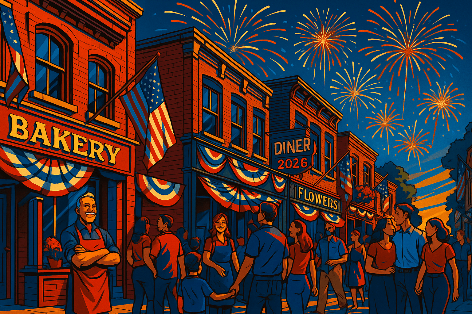 Main Street USA on the Fourth of July, flags flying, small businesses thriving, NeoAmericana style
