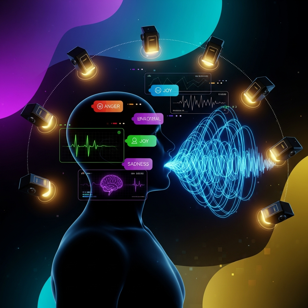 Abstract visualization of AI analyzing voice waveforms into emotional data, surveillance aesthetic