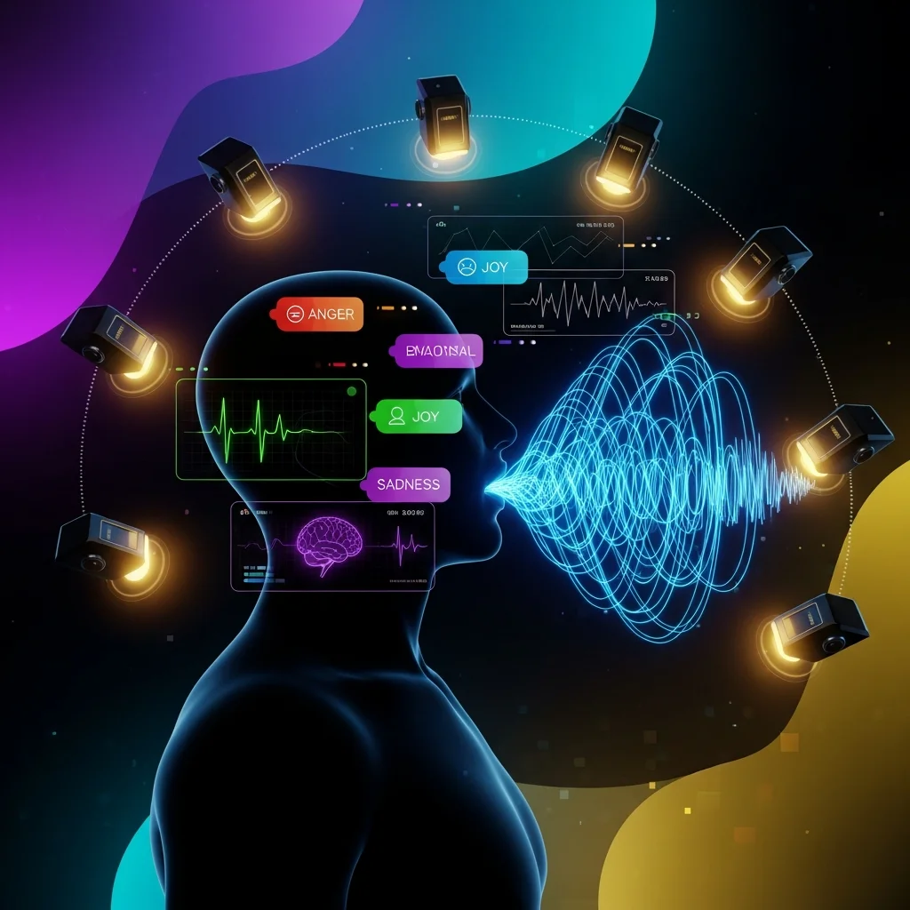 Abstract visualization of AI analyzing voice waveforms into emotional data, surveillance aesthetic