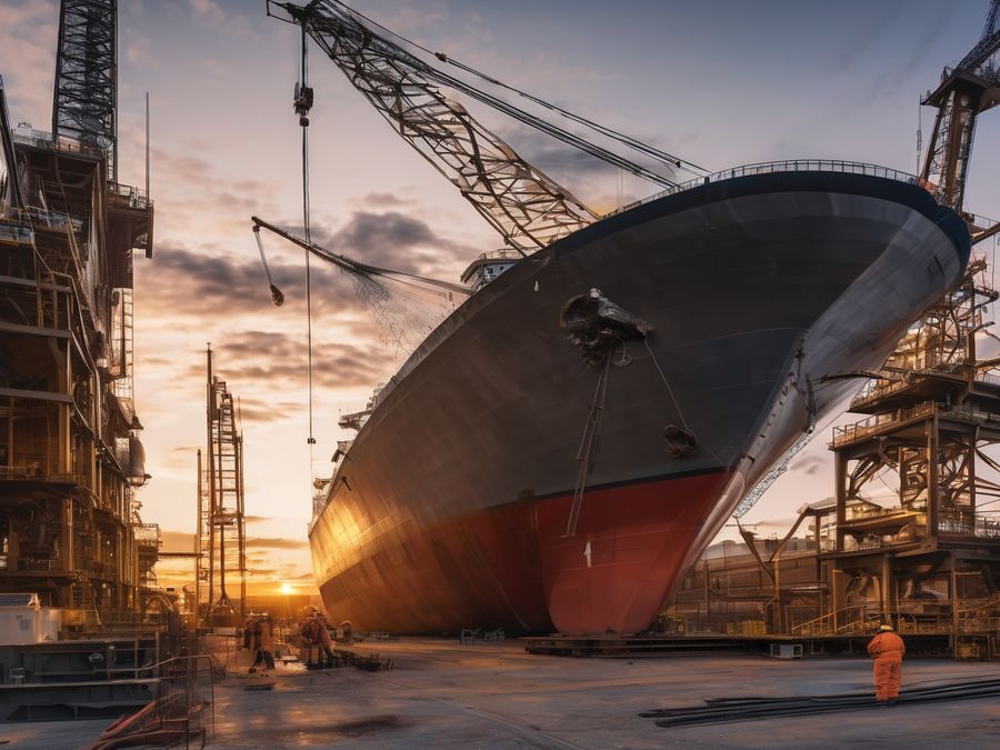 Hanwha Philadelphia Navy Yard under construction at sunset, cranes and workers assembling a massive ship hull