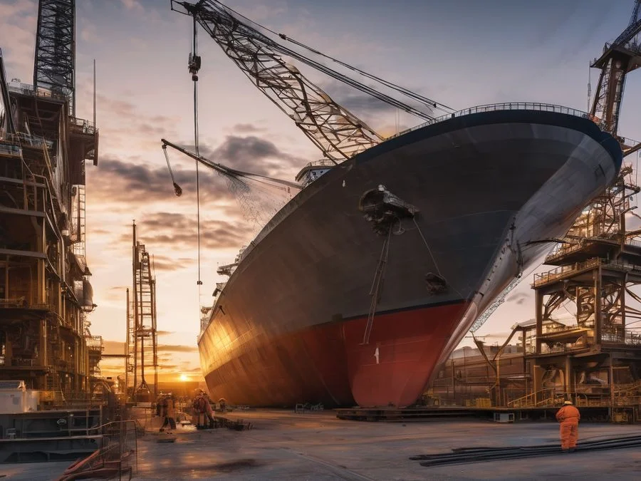 Hanwha Philadelphia Navy Yard under construction at sunset, cranes and workers assembling a massive ship hull
