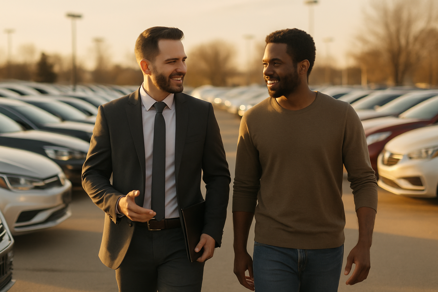 Auto sales professional walking a customer through the lot at a dealership, late afternoon golden light