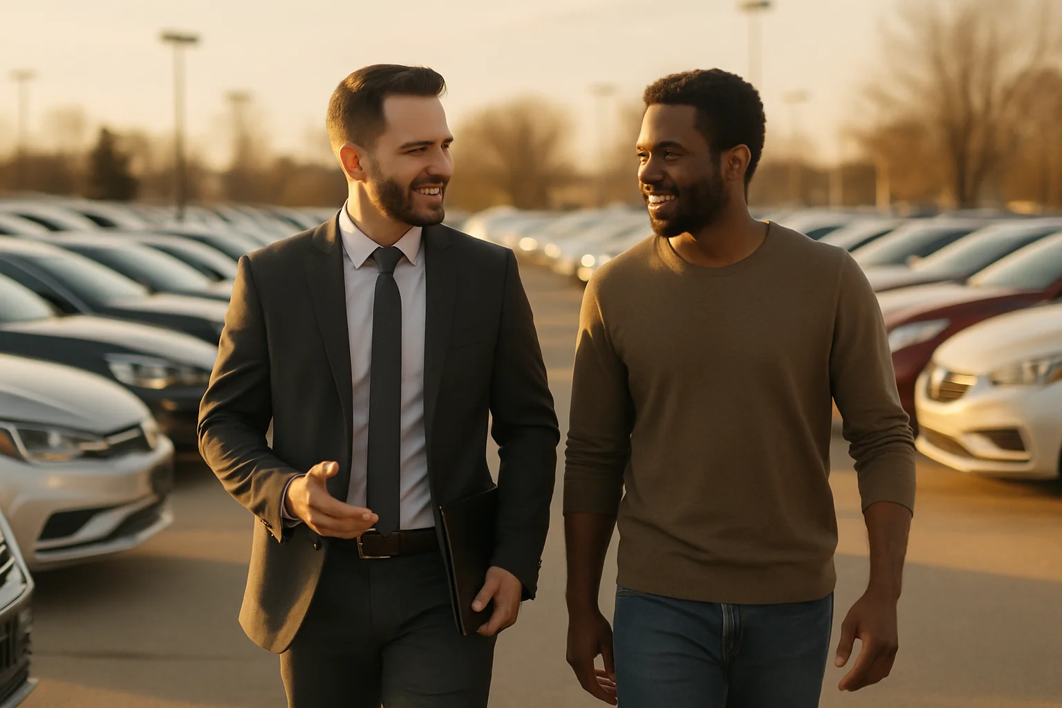 Auto sales professional walking a customer through the lot at a dealership, late afternoon golden light