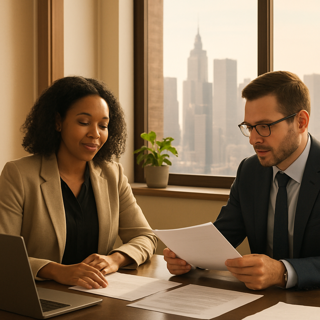 Commercial finance broker at a desk in a modern office, reviewing documents with a small business owner across from him, engaged and professional