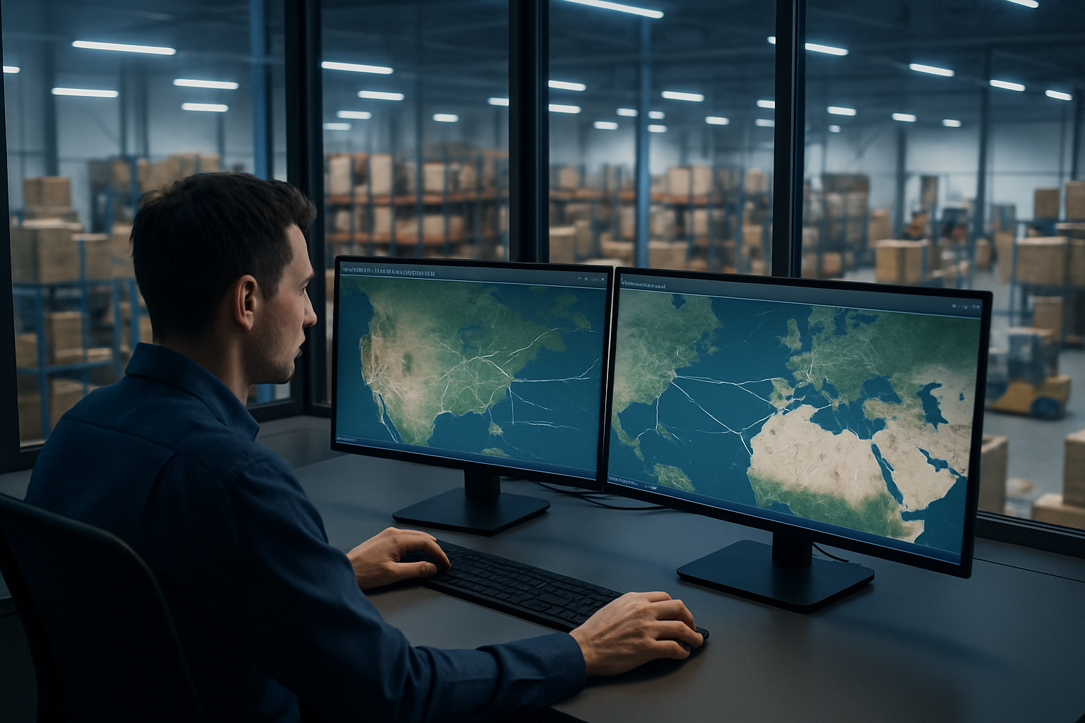 Freight broker at a logistics operations center, dual monitors showing shipping routes and truck positions, professional, focused, large windows overlooking a warehouse floor