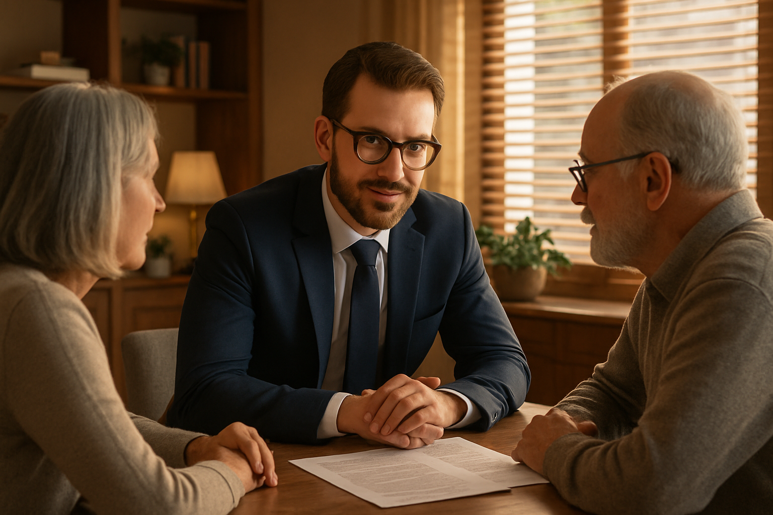 Insurance agent in a warm home office setting, consulting with an older couple across a kitchen table, trust and focus in the conversation