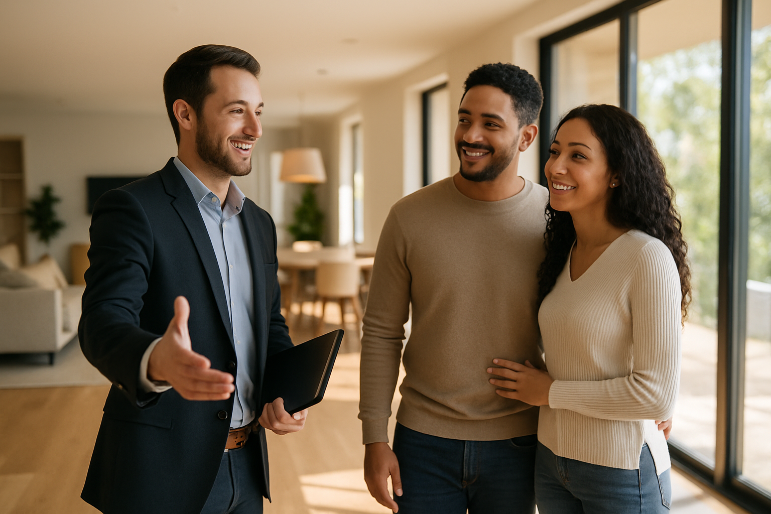 Real estate agent showing a bright modern home interior to a couple, open floor plan with large windows