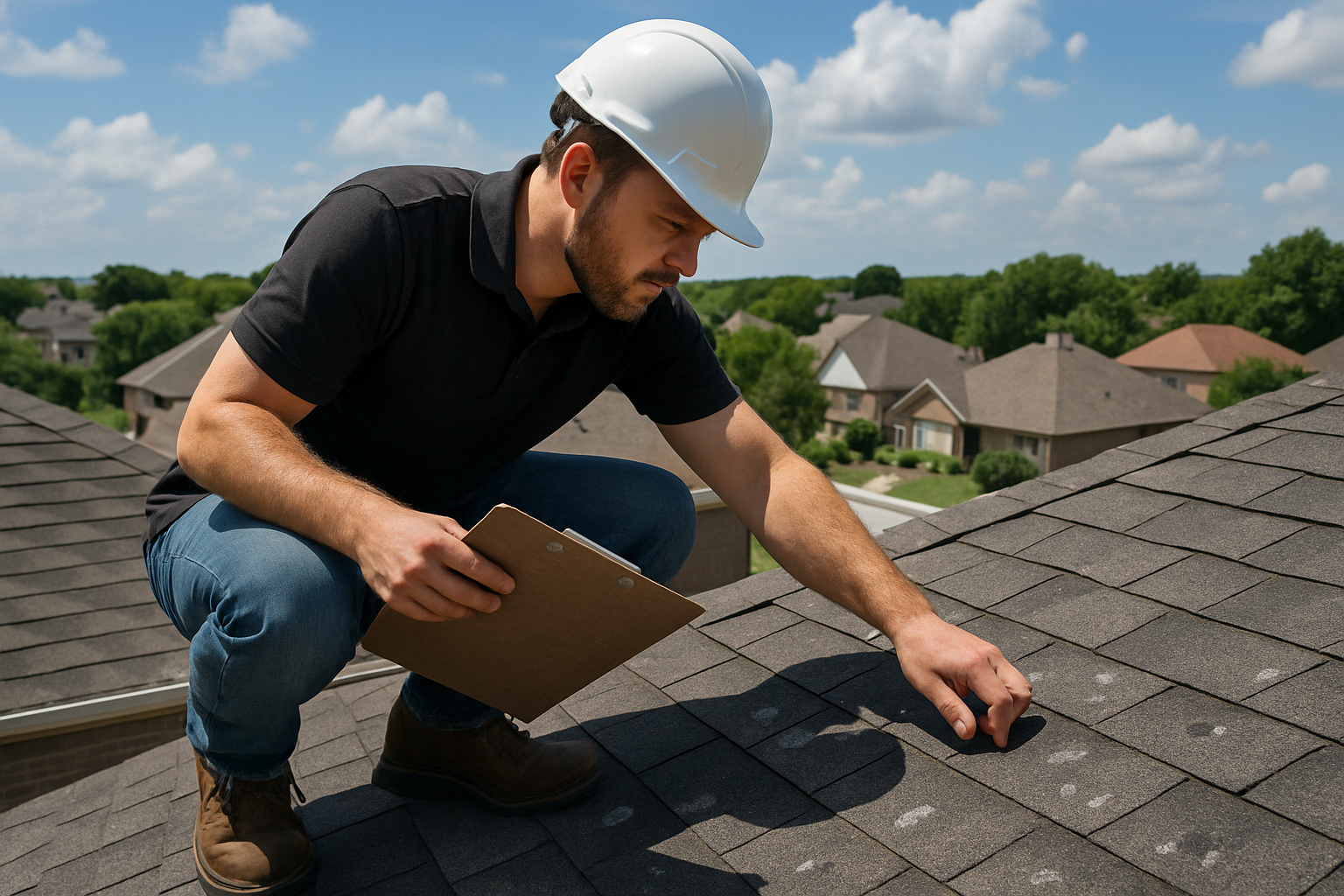 Roofing sales rep standing on a residential roof, inspecting storm-damaged shingles, clipboard in hand, mid-day bright sky
