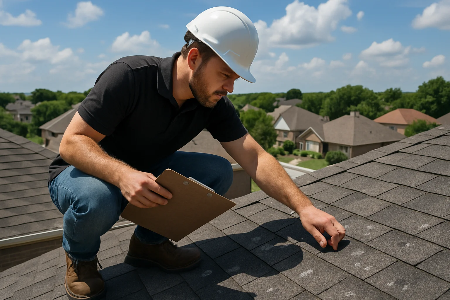 Roofing sales rep standing on a residential roof, inspecting storm-damaged shingles, clipboard in hand, mid-day bright sky