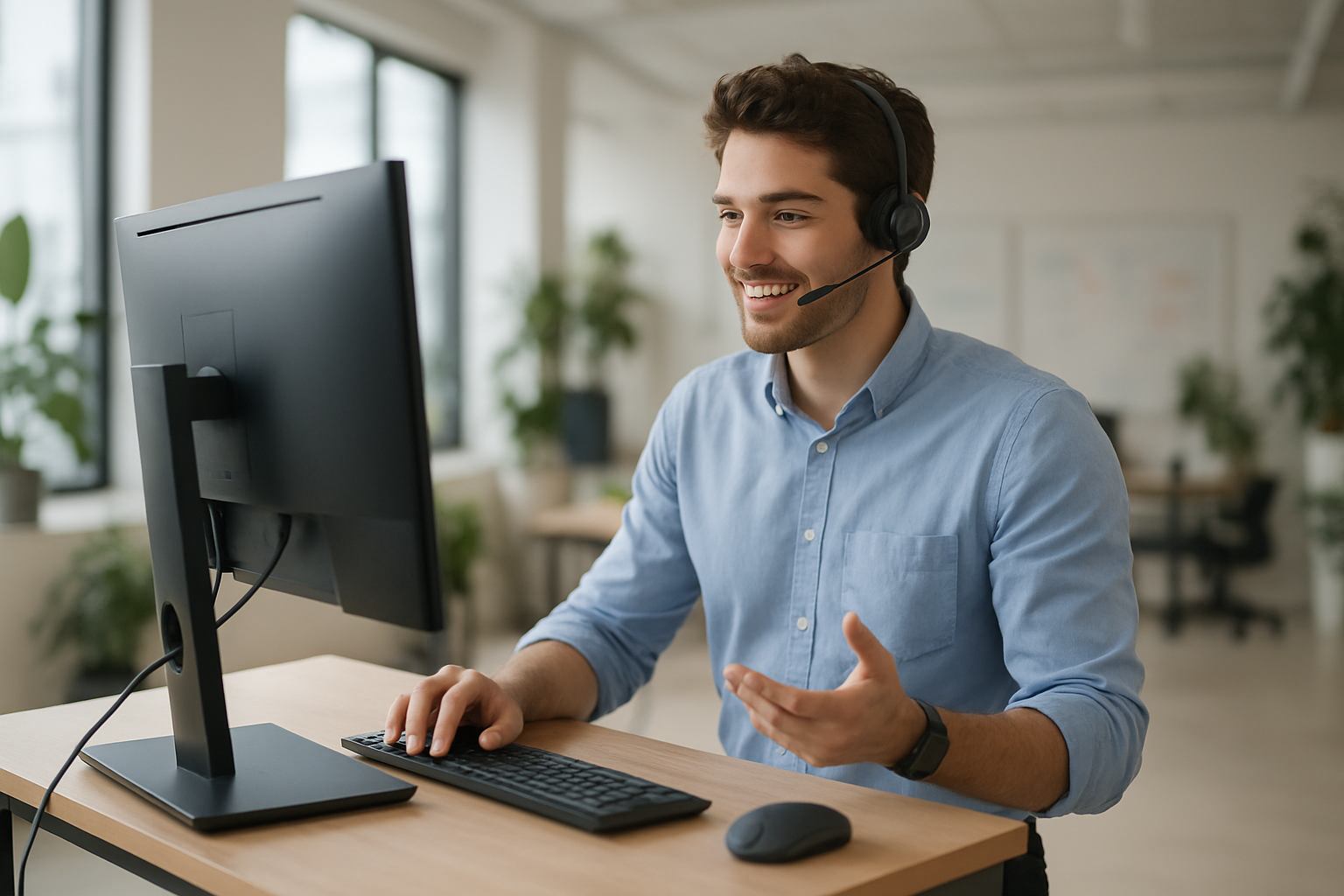 Young sales development representative at a standing desk in a bright tech office, headset on, engaged in a video call on a large monitor, casual modern workspace