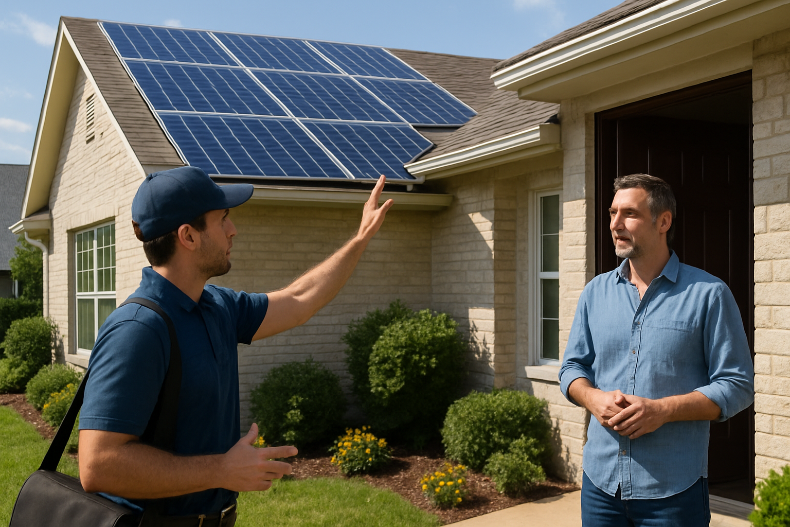 Solar sales representative at the front door of a suburban home, pointing toward rooftop solar panels already installed on the house next door, natural outdoor light