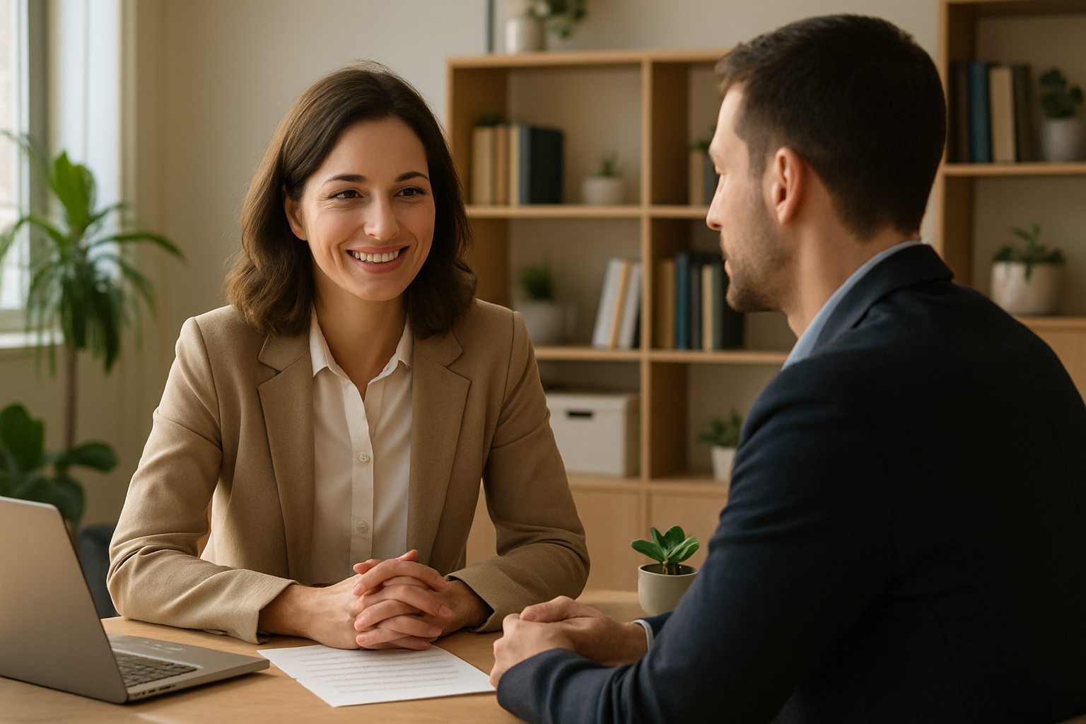 Staffing recruiter across a desk from a candidate in a professional interview setting, both engaged, warm natural office light, plants in background