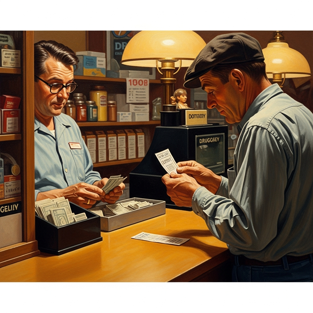 A 1940s corner pharmacy counter with a man studying a lottery ticket, warm amber lamp light, painterly Americana style
