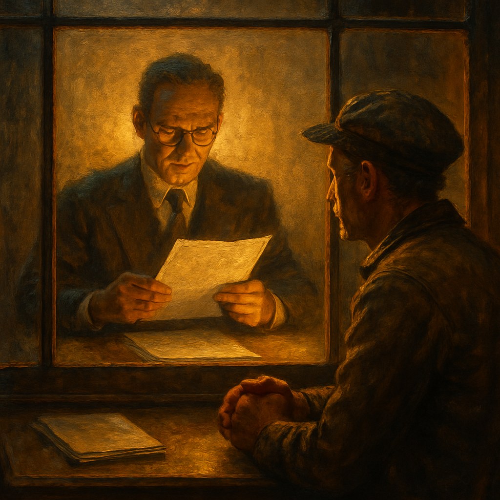 A loan officer reviews papers behind frosted glass — golden-hour, painterly Americana