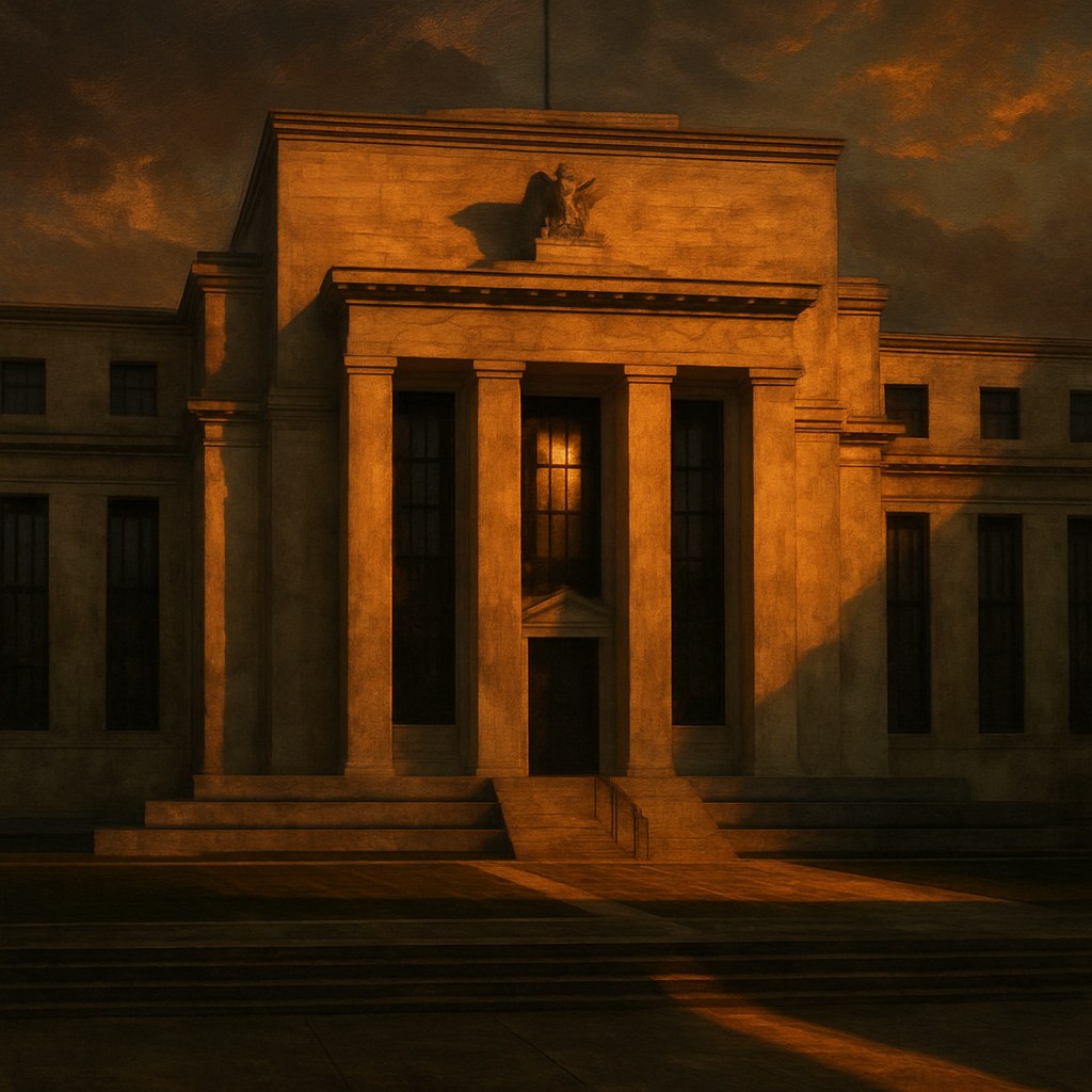 The Federal Reserve building at dusk — imposing stone facade, a single lit window, no one visible