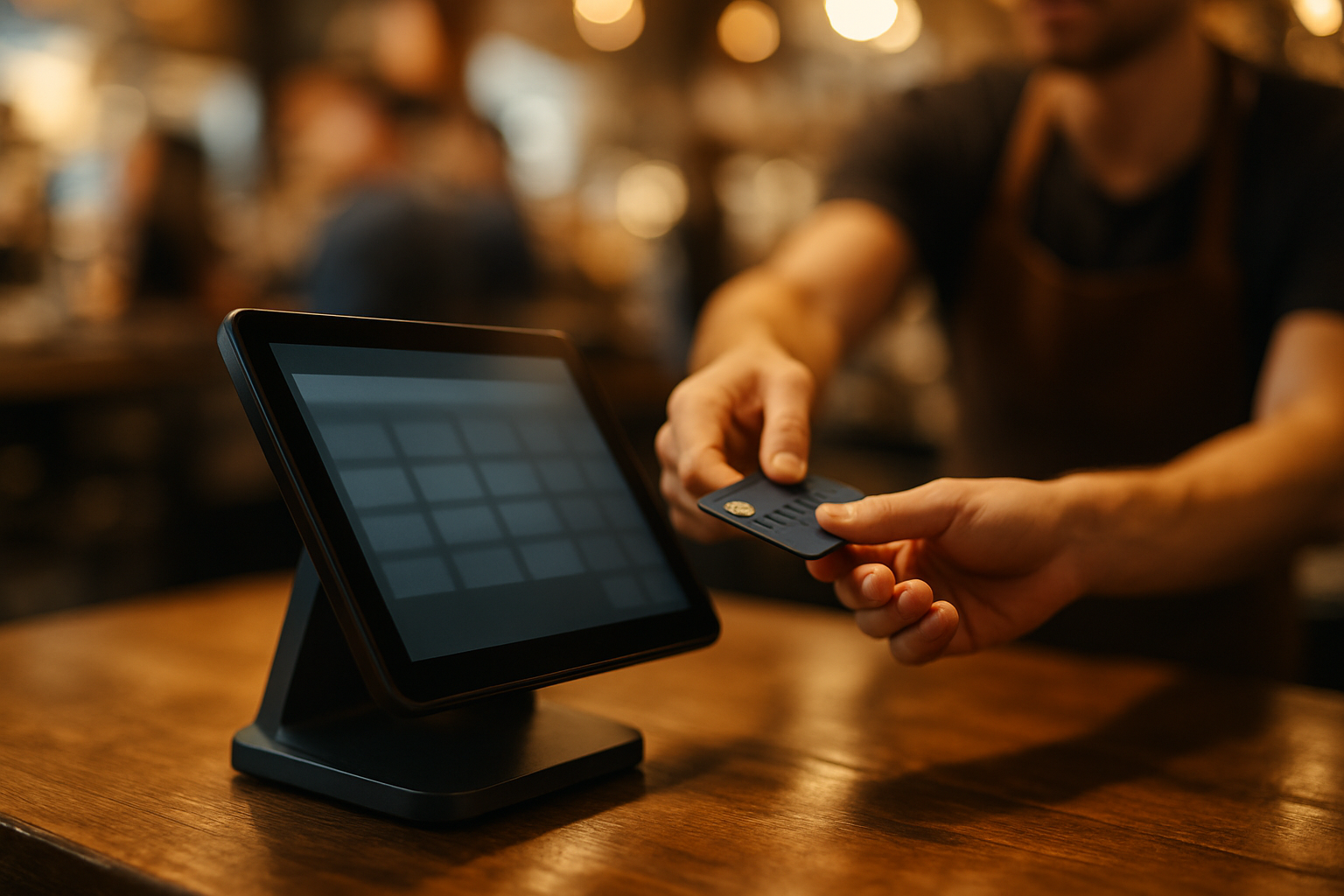 Busy cafe counter with a customer paying by card — high daily card volume is the revenue base MCA funders underwrite against